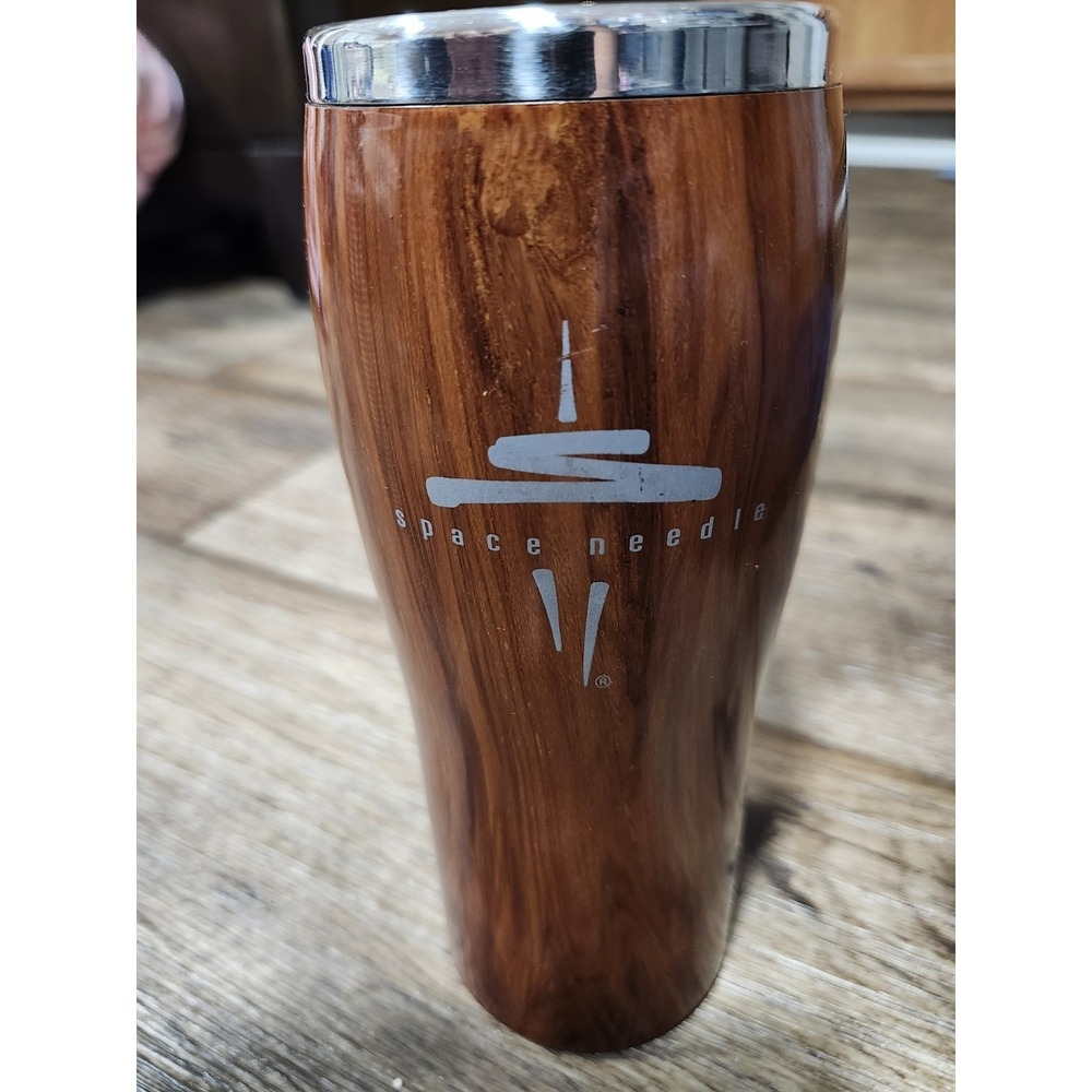 Vintage Space Needle Insulated Woodgrain Cup Mug Seattle Coffee Tumbler Retro